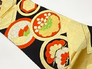 丸文に蝶・桐・松模様織出し袋帯